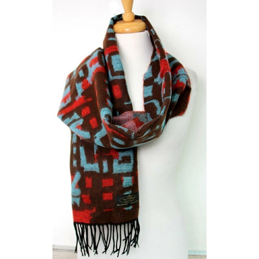 GERMANY BROWN RED BLUE 100% CASHMERE FRINGE SOFT WRAP SCARF (F38
